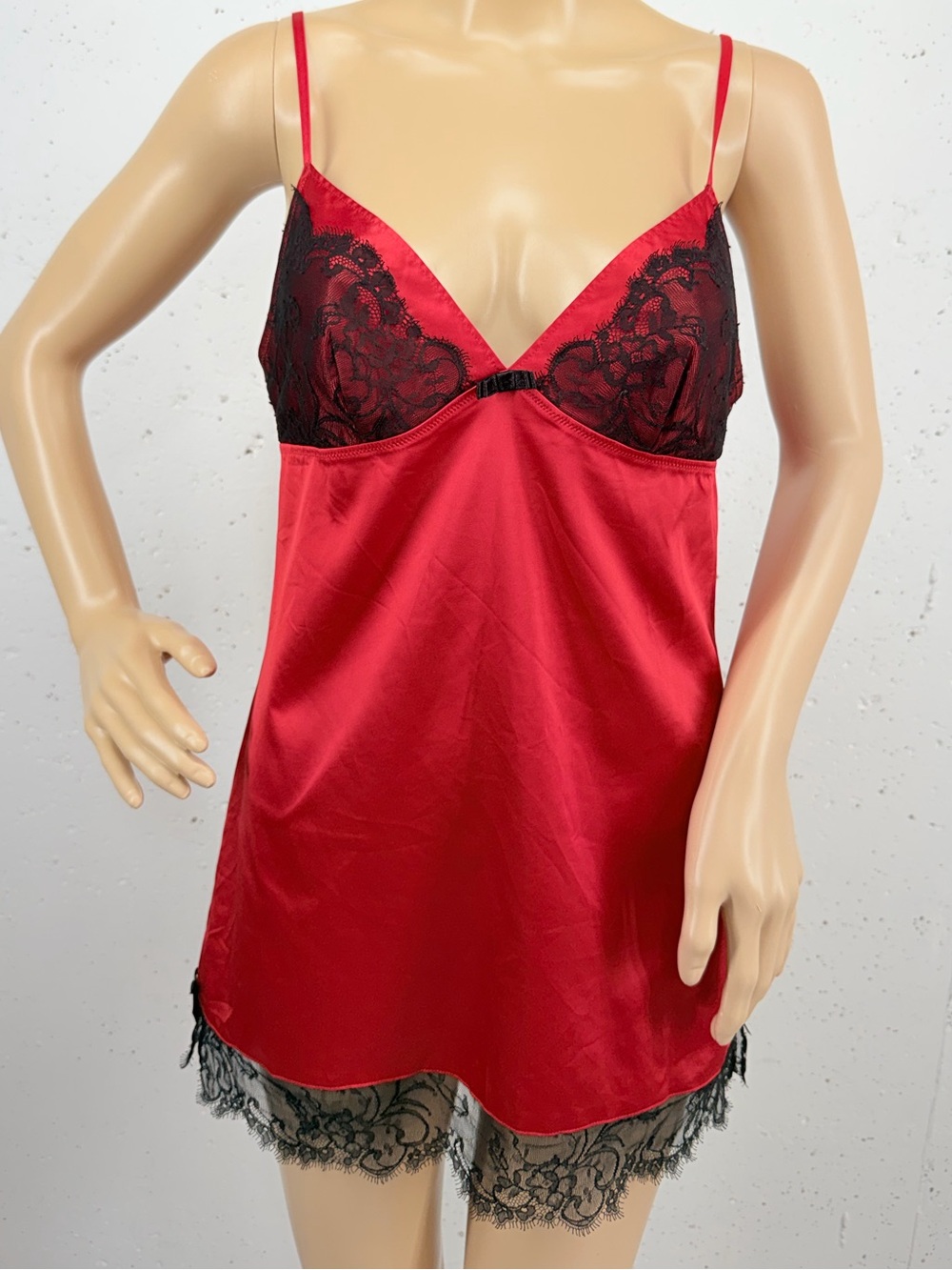 Victoria’s Secret Women’s Medium Red Satin Black Lace Trim Nightie Slip Dress
